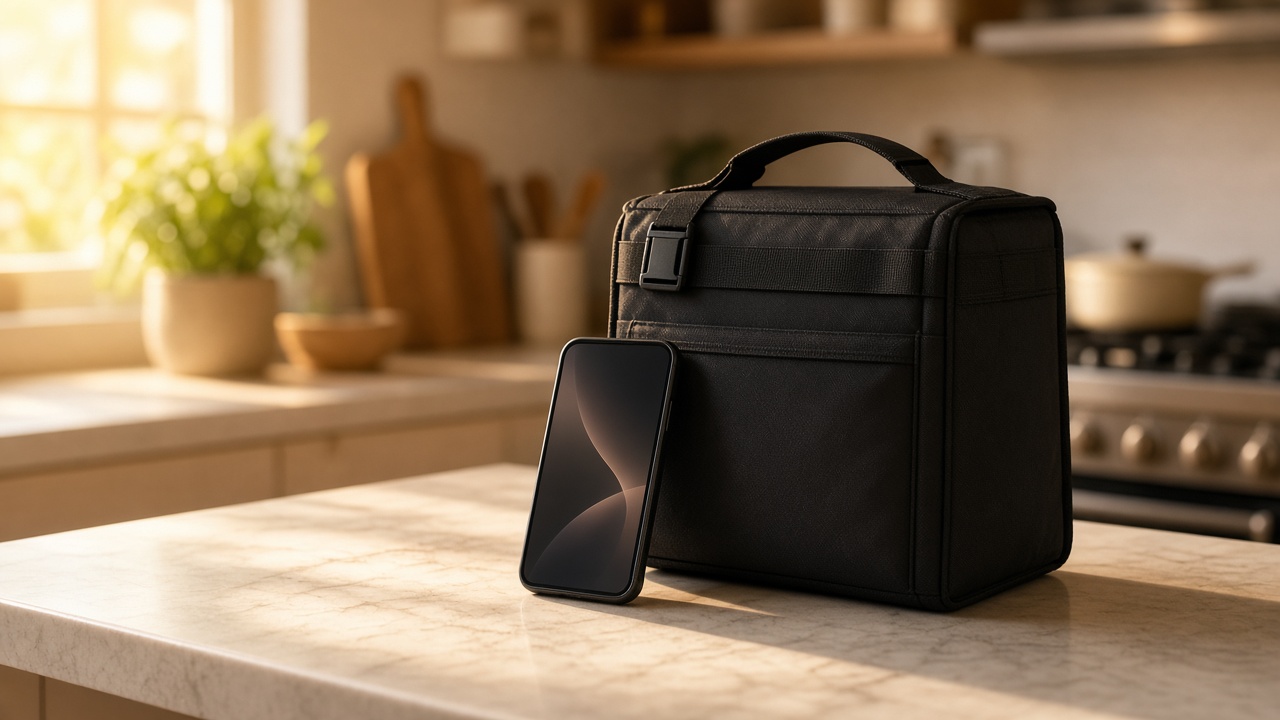 Sacola de delivery e smartphone com app aberto