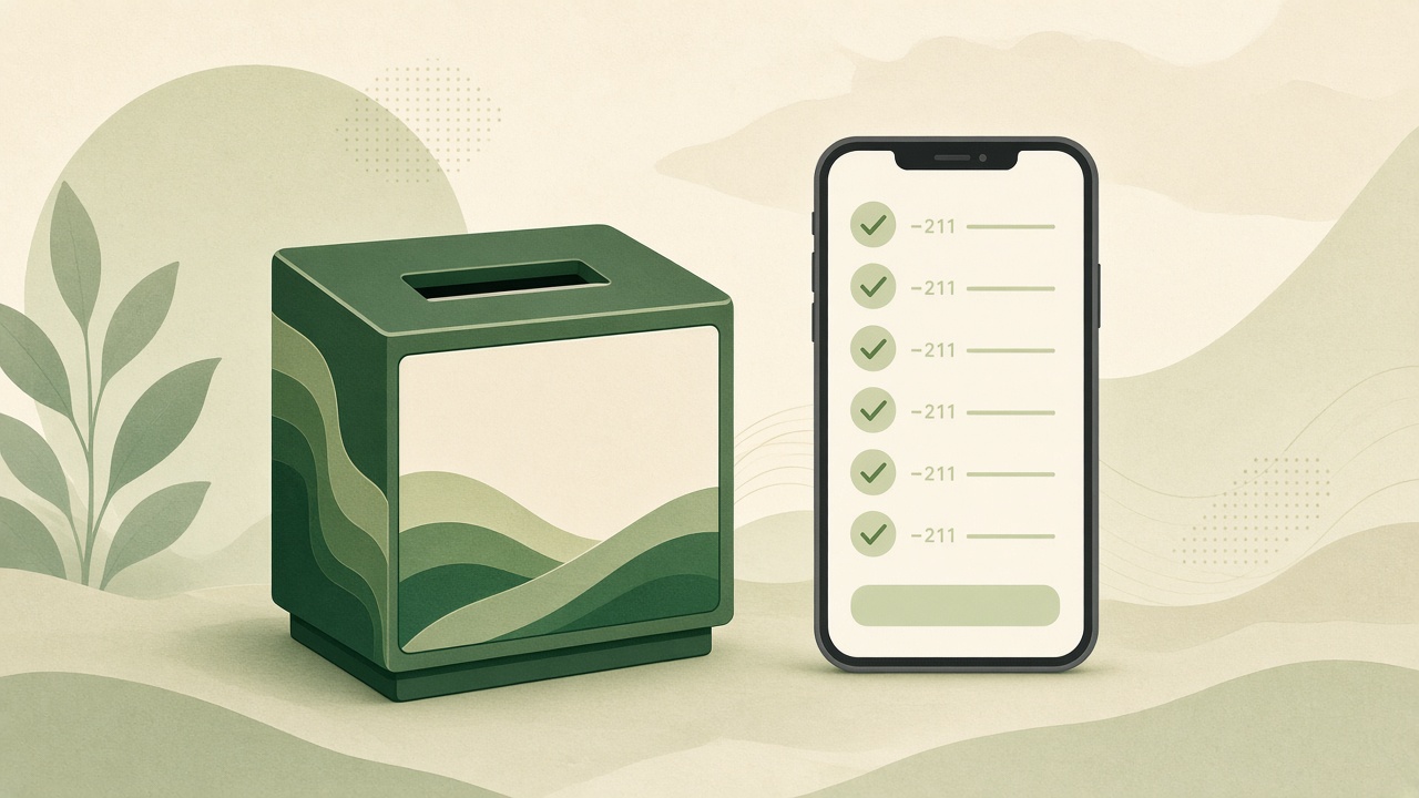 Urna eletrônica estilizada e smartphone com lista abstrata, sem partidos