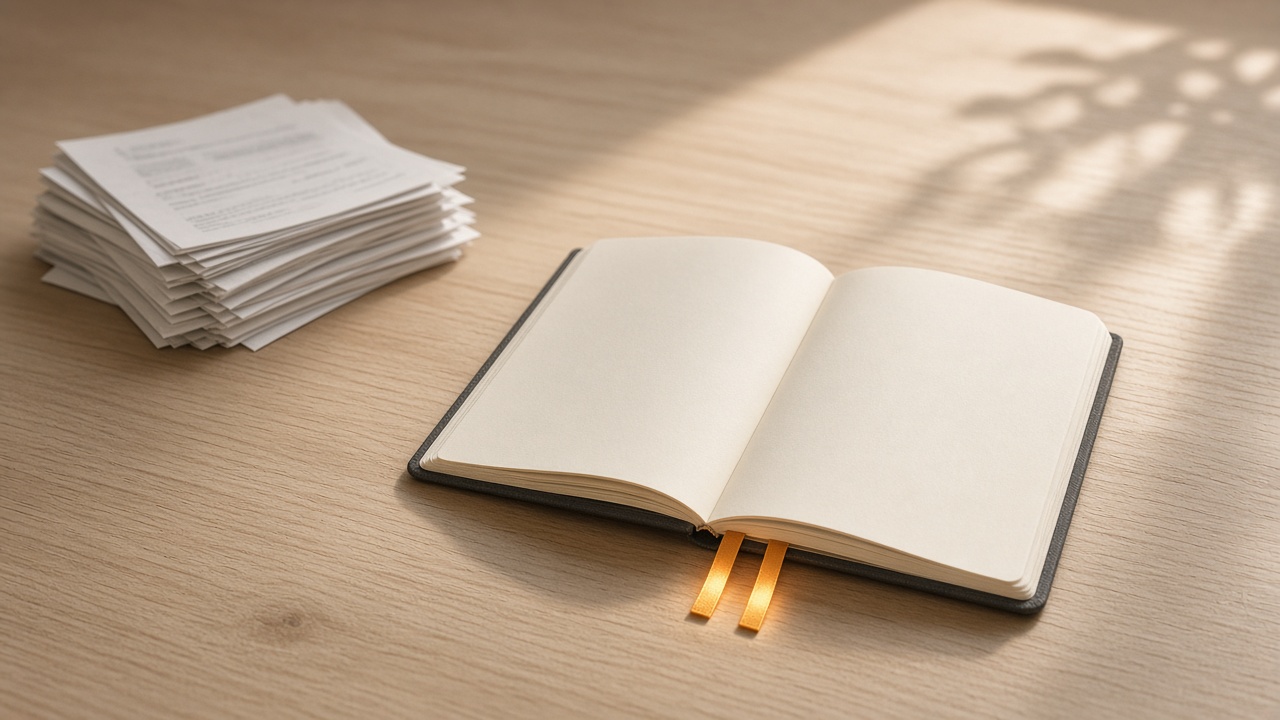 Caderno aberto com marcadores luminosos e pilha de papéis ao lado — metáfora do NotebookLM organizando fontes