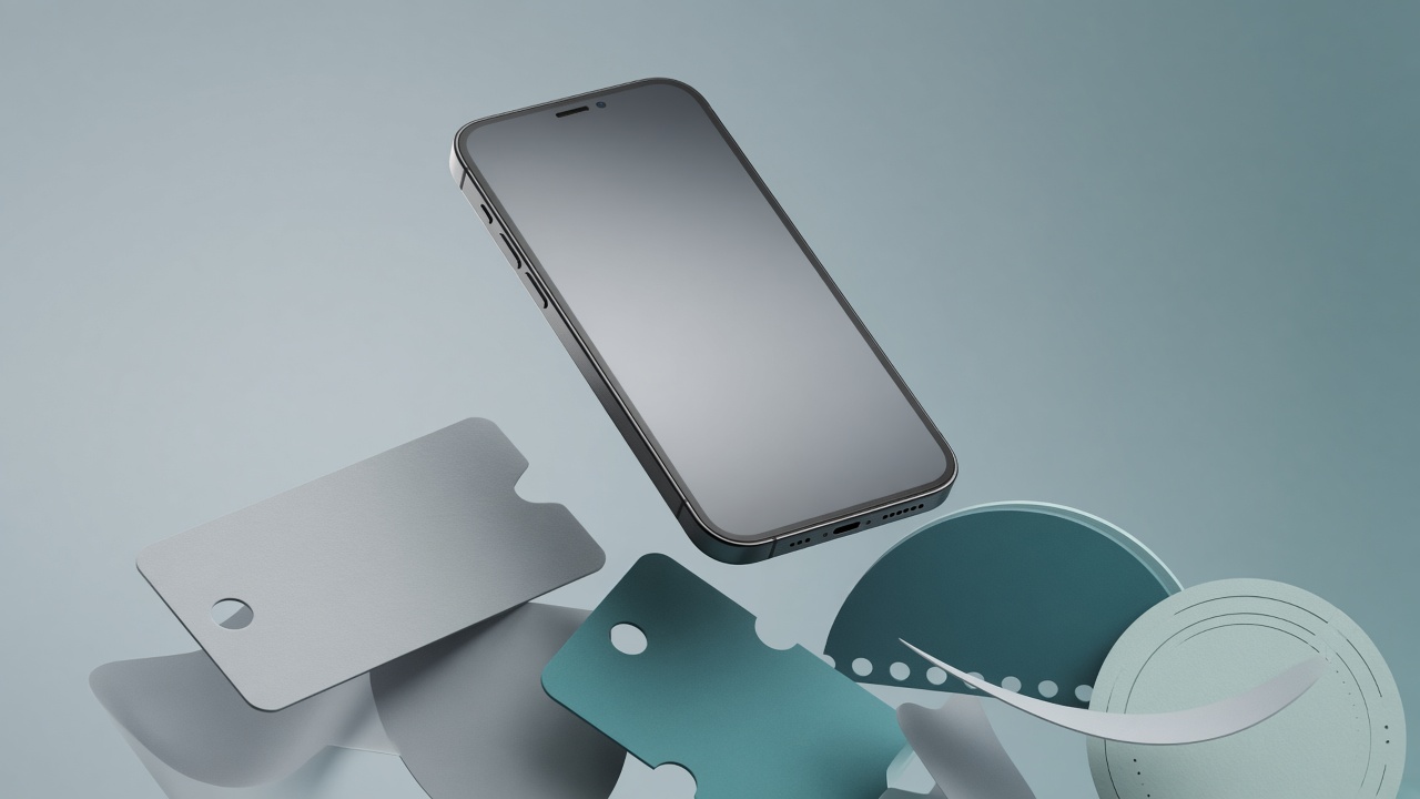 Smartphone genérico minimalista e etiquetas de preço abstratas, sem logo