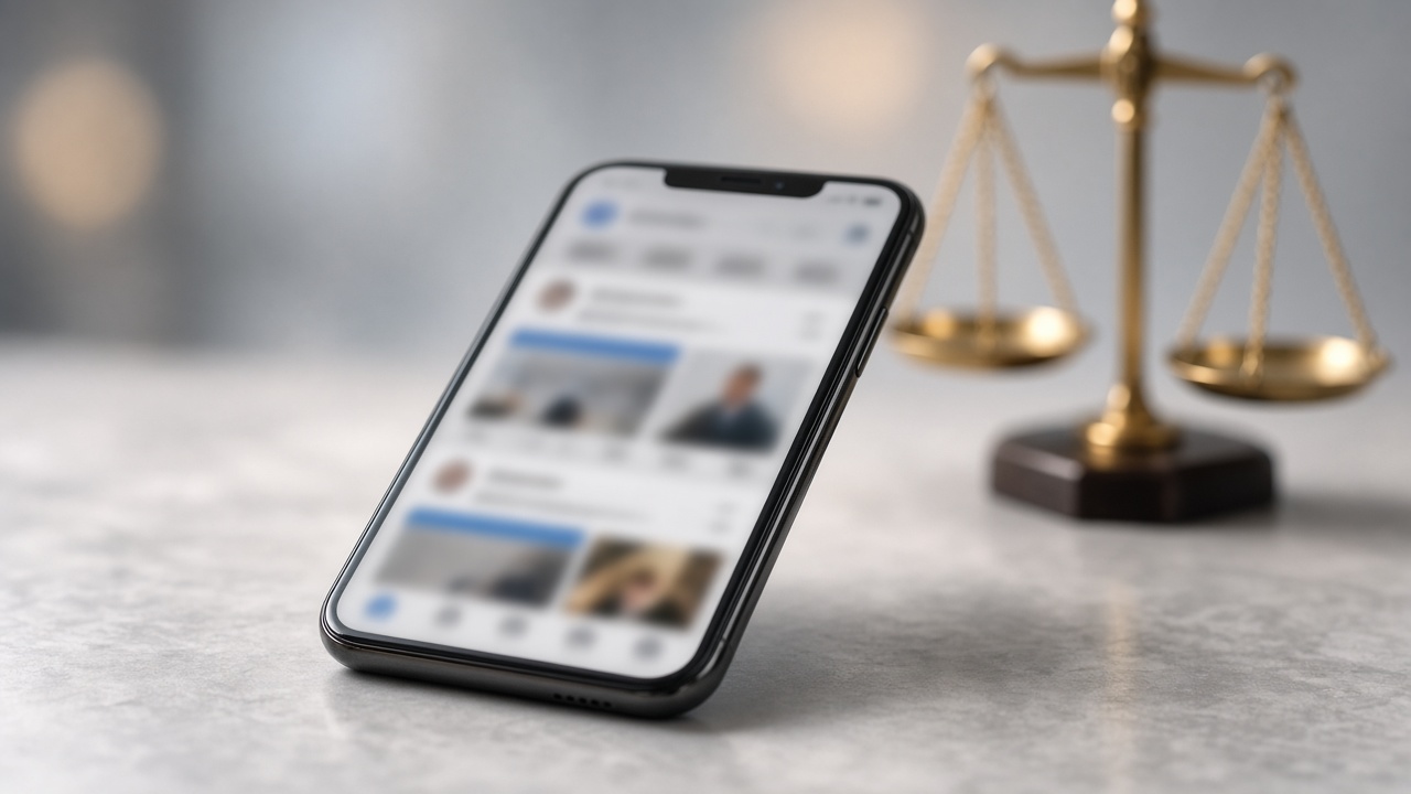 Celular com ícones de redes e balança da justiça ao fundo