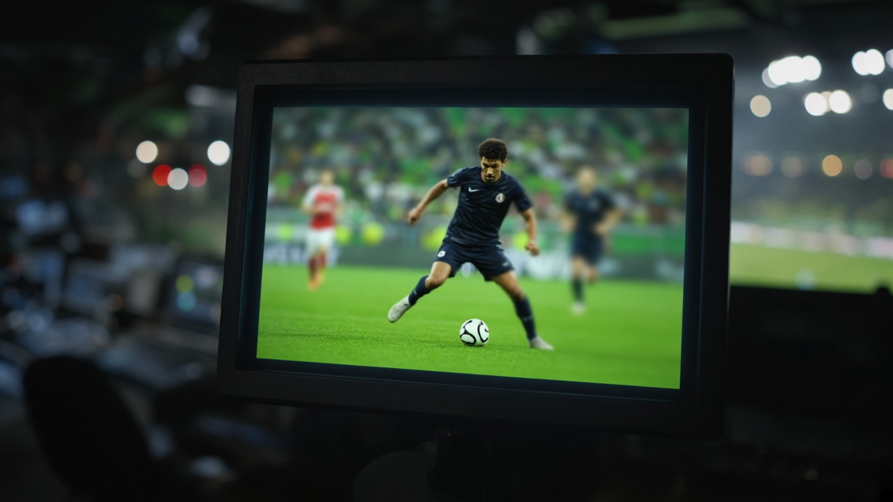 Tela de replay e campo de futebol ao fundo